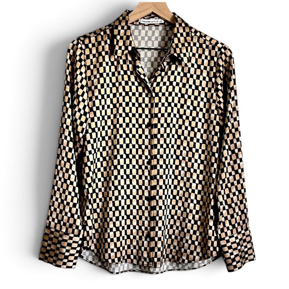 Abercrombie & Fitch Blouse Button-Up Shirt Checkered Black Beige S